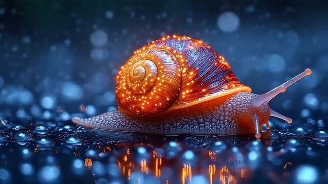 Ornate snail with glowing shell on water droplets