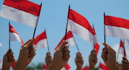 A group of hands holding the Indonesian flag against a bright blue sky