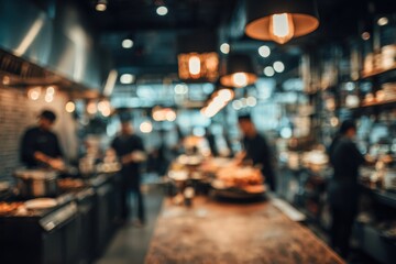Blurred coffee shop ambiance with baristas and chefs preparing drinks and meals during busy hours