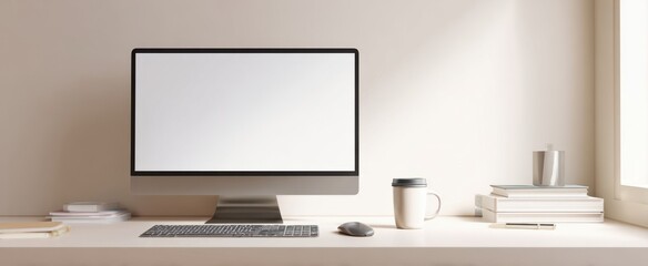 The modern computer setup in a serene and minimalist workspace.
