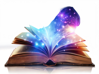 an open antique book emitting mystical blue isolated on white background PNG, AI GENERATED