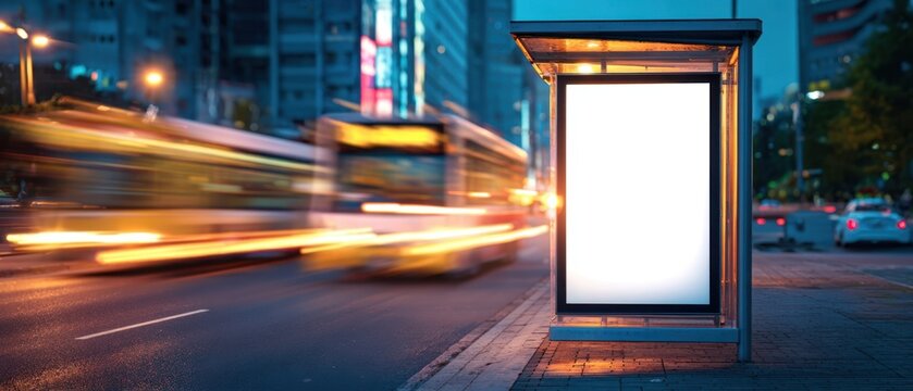 The bus stop illuminated in a bustling urban city at night.