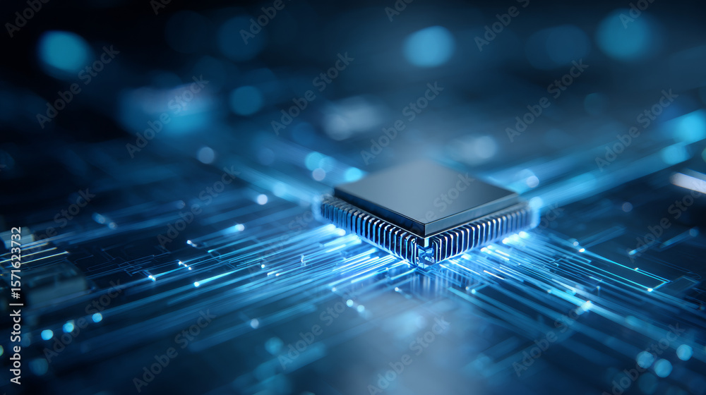 Poster abstract isometric ai chip or cpu processor, front side bus, and circuit circle connected lines on t