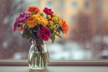Fototapeta premium Springtime bouquet of colorful flowers in a glass vase on a windowsill with a snowy backdrop