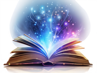 an open antique book emitting mystical blue isolated on white background PNG, AI GENERATED