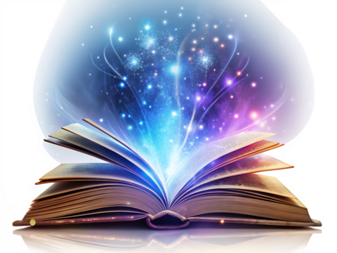 an open antique book emitting mystical blue isolated on white background PNG, AI GENERATED