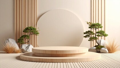 Wooden display stage with bonsai trees and dry grass wooden stage rocks
