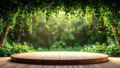 Wooden platform surrounded by lush green foliage and hanging vines nature garden