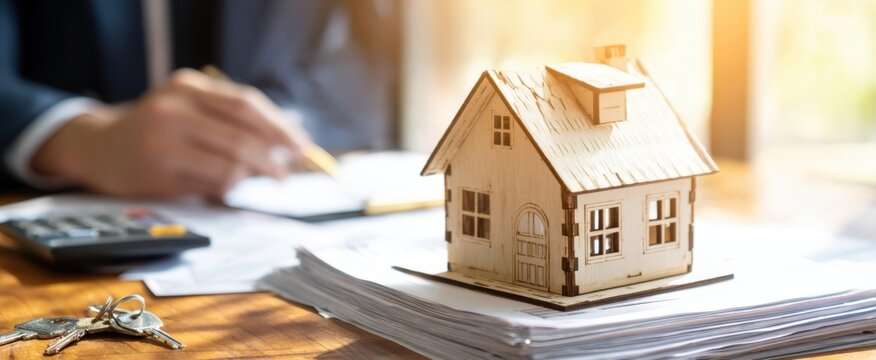 The wooden house model on a desk representing real estate investment decisions.