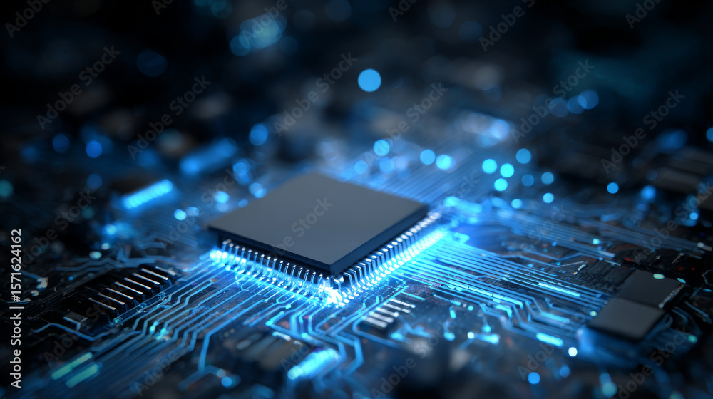 Poster ai chip background on technology blue background. circuit board. ai tech bg. artificial intelligence