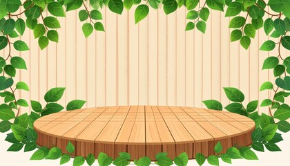 Wooden stage with green leafy vines podium display