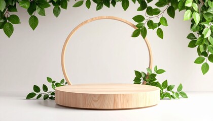 Wooden stage with natural greenery and circular frame green leaves nature