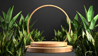 Wooden stage with green plants and circular frame snake plants green leaves