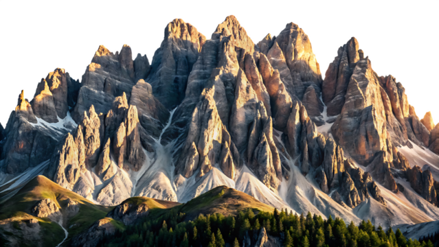 Jagged mountain peaks illuminated by golden hour sunlight with scattered snow patches and green foothills Ai isolated on a transparent background