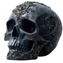 Ornate dark stone human skull adorned with intricate metal filigree isolated on transparent background