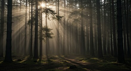 Moody Forest Background with Dramatic Sunbeams and Fog.