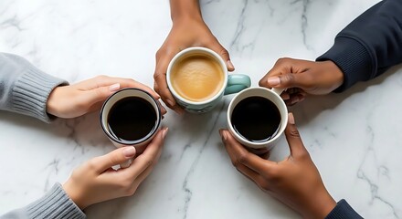 Flat lay of three hands with different skin tones holding coffee mugs over a marble table — friendship, diversity, unity