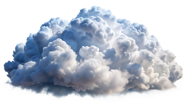 Large fluffy cumulonimbus cloud with soft diffused lighting and blue sky undertones isolated on a transparent background