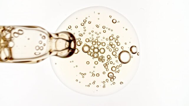 Pipette with Bubble Cluster, Cells Under a Microscope, Serum, Gel, Oi. Macro Shot of Natural Organic Cosmetics, Medicine. Production Close-up. Skin or Body Care Products. High quality 4k footage