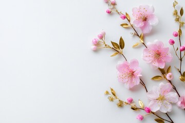 Delicate pink flowers and branches arranged elegantly on a clean white background for a minimalistic design template