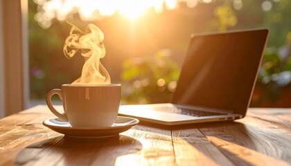 Warm morning sunlight streams through a window, illuminating a steaming cup of coffee and a laptop on a rustic wooden table.
