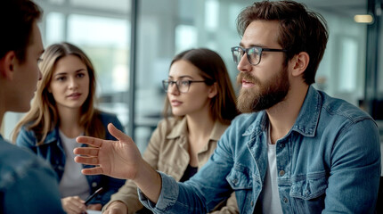 Fototapeta premium Team of professionals discussing over new business project, diverse group of business professionals in a modern office setting, engaged in a collaborative meeting