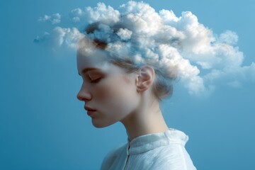 Young woman appears lost in thought as clouds linger above her head in an ethereal blue sky, reflecting a moment of contemplation and complexity in emotions