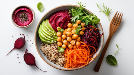 Vegetarian bowl with hummus, quinoa, fresh vegetables and chickpeas, healthy lifestyle and balanced plant-based diet
