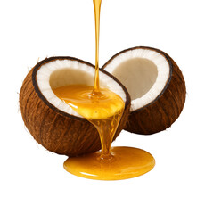 Flowing Coconut Oil into Cracked Coconut Halves, Isolated on Transparent and White Background