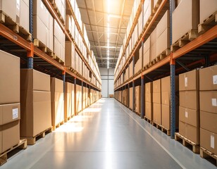 Warehouse interior with high shelves full of boxes