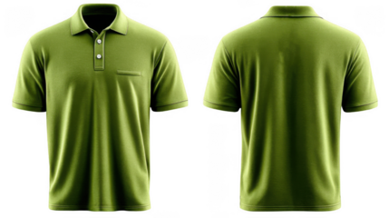 Front and back view of a green polo shirt with short sleeves and a pocket isolated on transparent background
