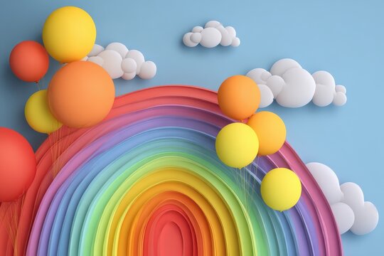 Bright and colorful abstract rainbow design with soft clouds and floating balloons against a blue background