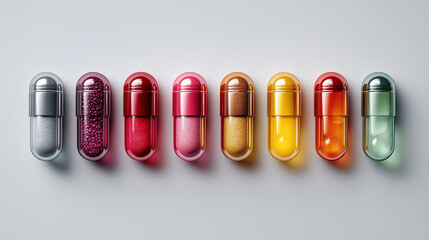 Macro shot of glossy capsules in gradient colors lined up on neutral background, pharmaceutical innovation and supplements
