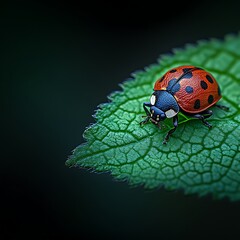 Fototapeta premium A ladybug rests on a vibrant green leaf against a dark background