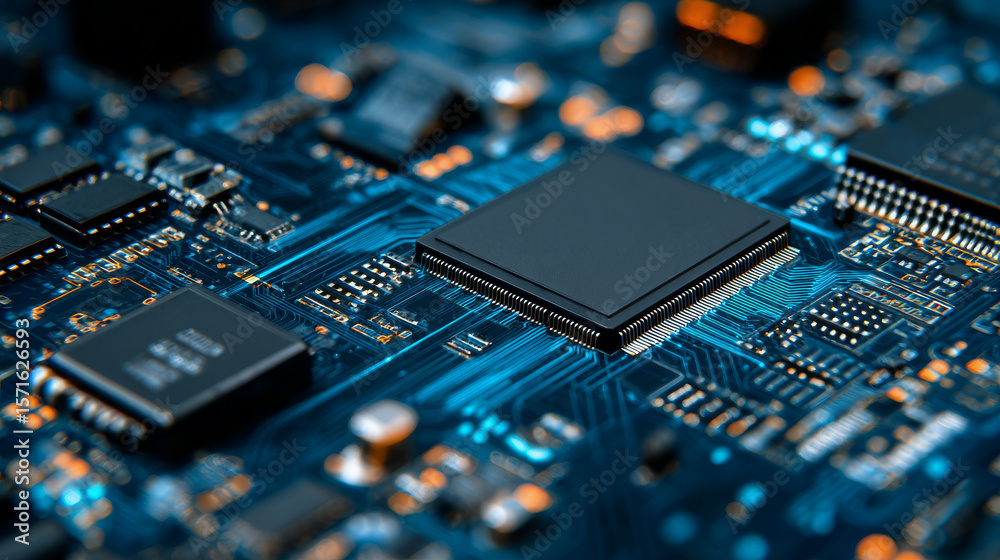 Poster abstract ai circuit board background. technology connected blue lines with electronics elements on t
