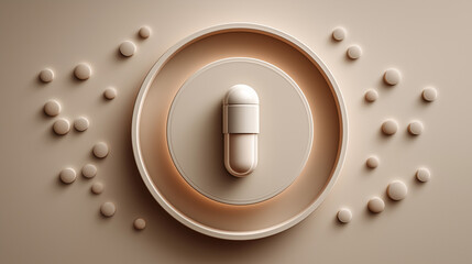 White capsule pill placed on ceramic plate with soft shadows, minimalistic pharmaceutical background concept
