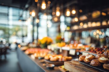 Buffet setting featuring blurred breakfast items and vibrant decorations in a modern cafe during morning hours