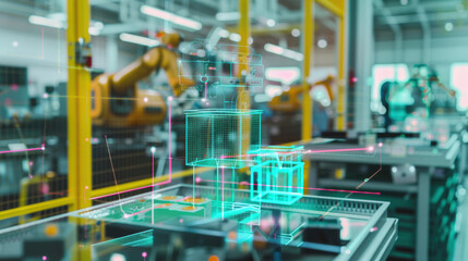 Futuristic automated warehouse with orange robotic arms and digital holographic interfaces on conveyor systems. Smart industrial automation, AI logistics technology, modern manufacturing robotics.

