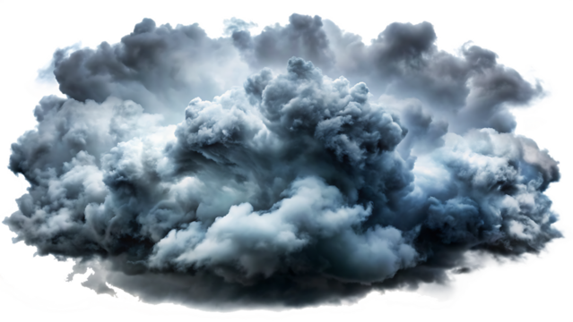Dense dark grey cumulonimbus storm clouds with white highlights and subtle rainbow edges isolated on a transparent background