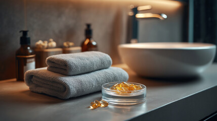 Luxury bathroom spa interior with folded towels, aroma oils and supplements on wooden tray, relaxation and wellness concept
