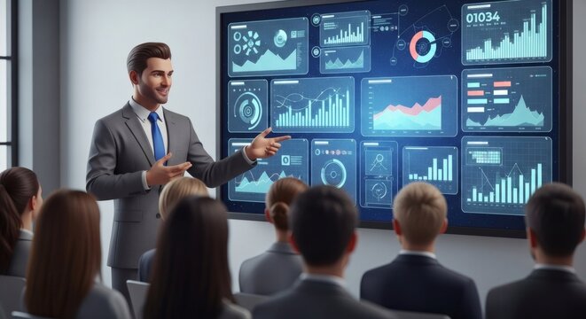Charismatic presenter engaging audience with detailed financial data visualizations