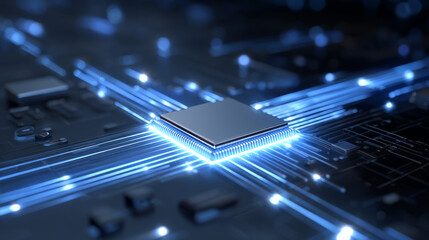 Abstract digital technology background. Isometric AI chip with AI hologram with circuit tech bg. Connected lines electric lightning. Bright light neon blue quantum CPU processor. Vector illustration.