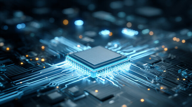 Abstract digital technology background. Isometric AI chip with AI hologram with circuit tech bg. Connected lines electric lightning. Bright light neon blue quantum CPU processor. Vector illustration.