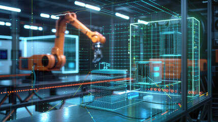 Futuristic automated warehouse with orange robotic arms and digital holographic interfaces on conveyor systems. Smart industrial automation, AI logistics technology, modern manufacturing robotics.

