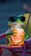 Naklejka premium Relaxing Frog: Funny Summer at the Beach