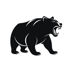 Bold black silhouette of a grizzly bear in mid stride isolated on white background