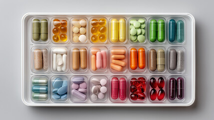 Assorted colorful capsules and tablets neatly organized in pill box on pastel background, daily wellness and supplements
