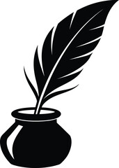 victorian style feather pen and ink pot silhouette on white background