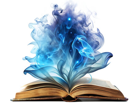  magic book with blue magical smoke isolated on white background PNG, AI GENERATED