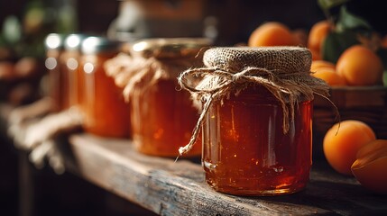 Detailed rustic still life photo capturing apricot jam in vintage glass jars elegantly arranged on a wooden table with sunlit artisanal appeal